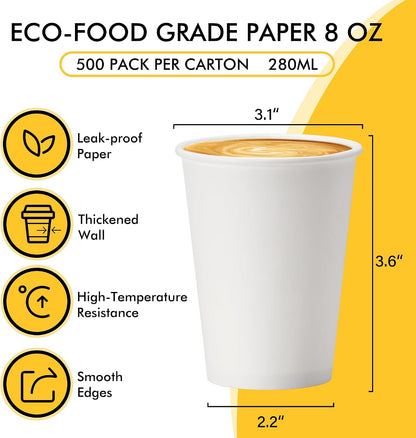 RACETOP 8 oz Disposable Coffee Cups 500 pack, Hot Coffee Cups
