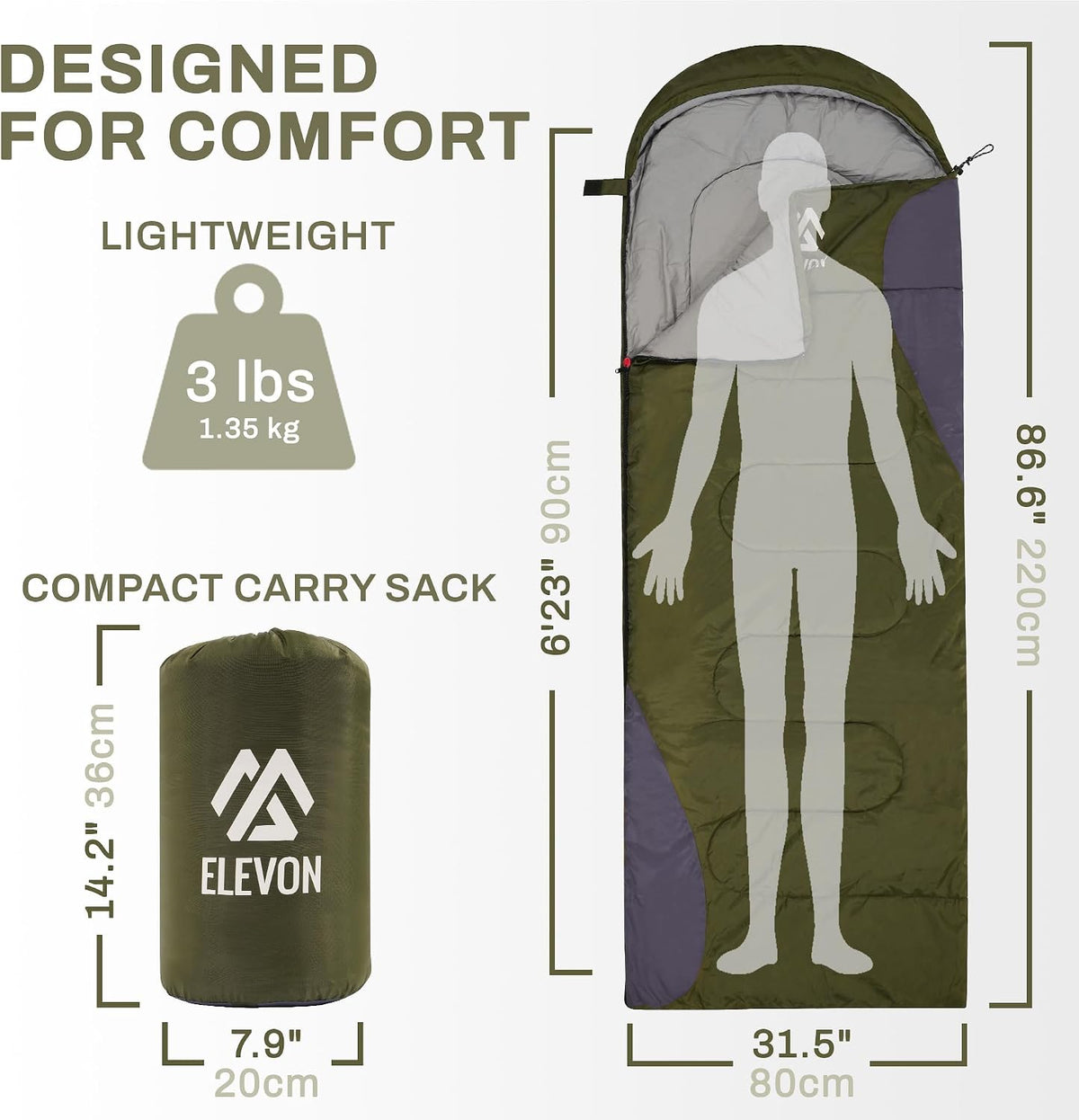 Elevon Double Sleeping Bag for Adults with 2 Pillows, Lightweight Machine Washable 2 Person Sleeping Bag for 3 Seasons Camping Hiking Traveling, Multicolor Option