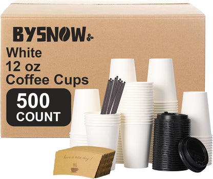 BYSNOW 100 pack 12 oz Disposable Coffee Cups with Lids Thickened Hot Cups