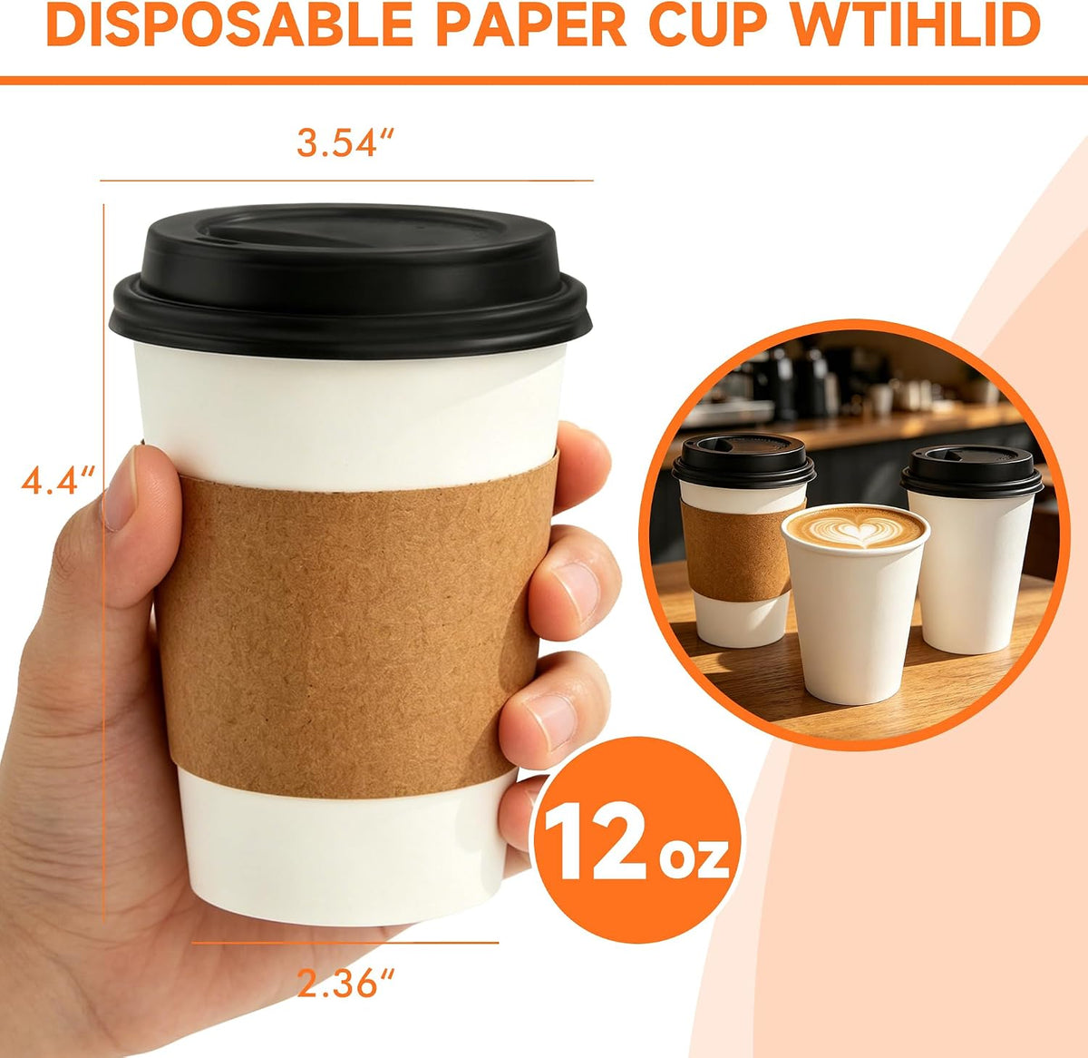 METAPRINT 100 Pack 12 oz Disposable Coffee Cups with Lids and Sleeves,White