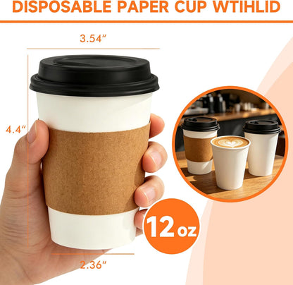 METAPRINT 100 Pack 12 oz Disposable Coffee Cups with Lids and Sleeves,White
