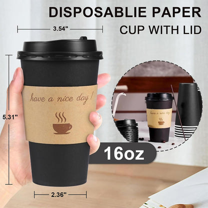 Clawsoff 100 Pack 16 oz Disposable Paper Coffee Cups with Lids(Black)