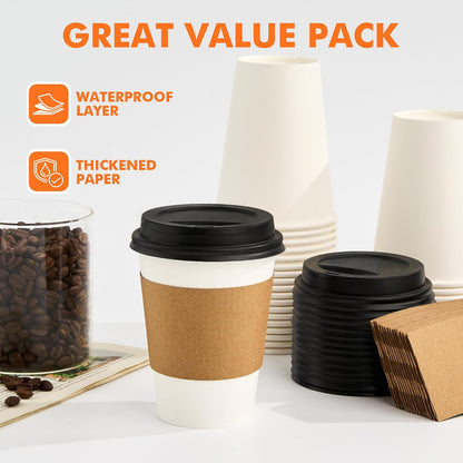 METAPRINT 100 Pack 12 oz Disposable Coffee Cups with Lids and Sleeves,White