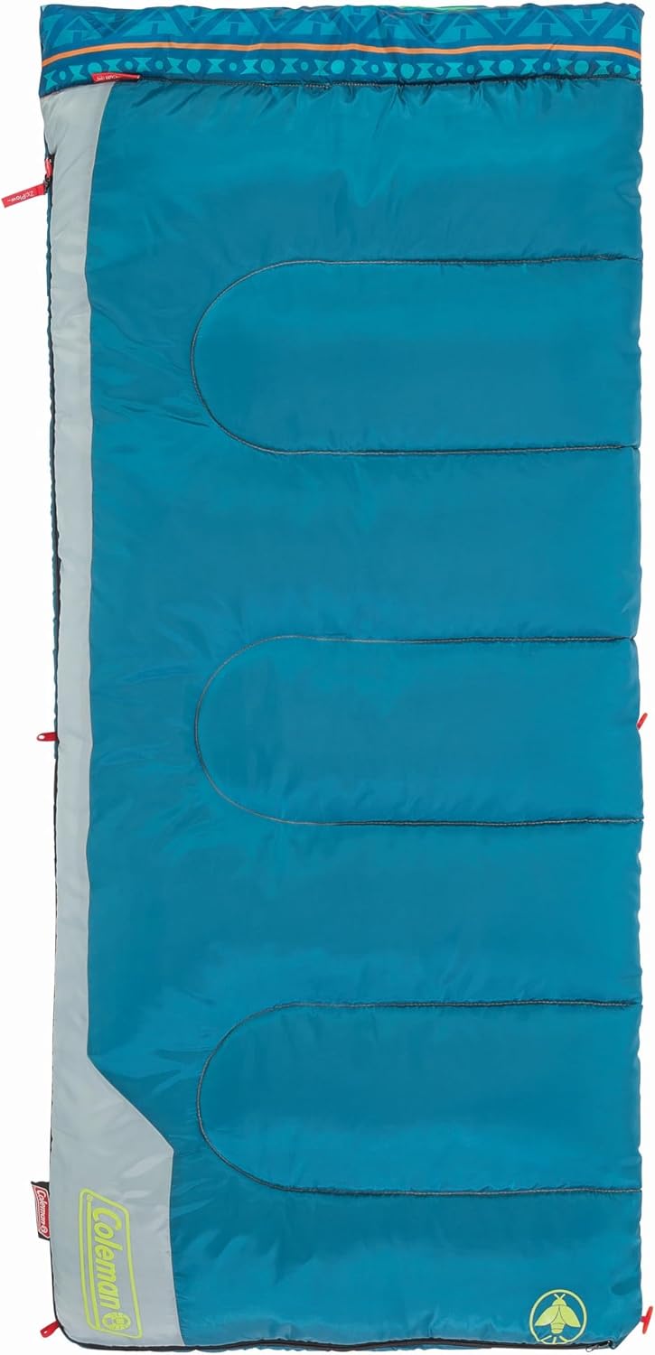 Coleman 50°F Sleeping Bag, Comfortable Youth Sleeping Bag for Sleepovers & Camping, Fits Children up to 5ft Tall, Glow in The Dark Design, Stuff Sack Included, Machine Washable
