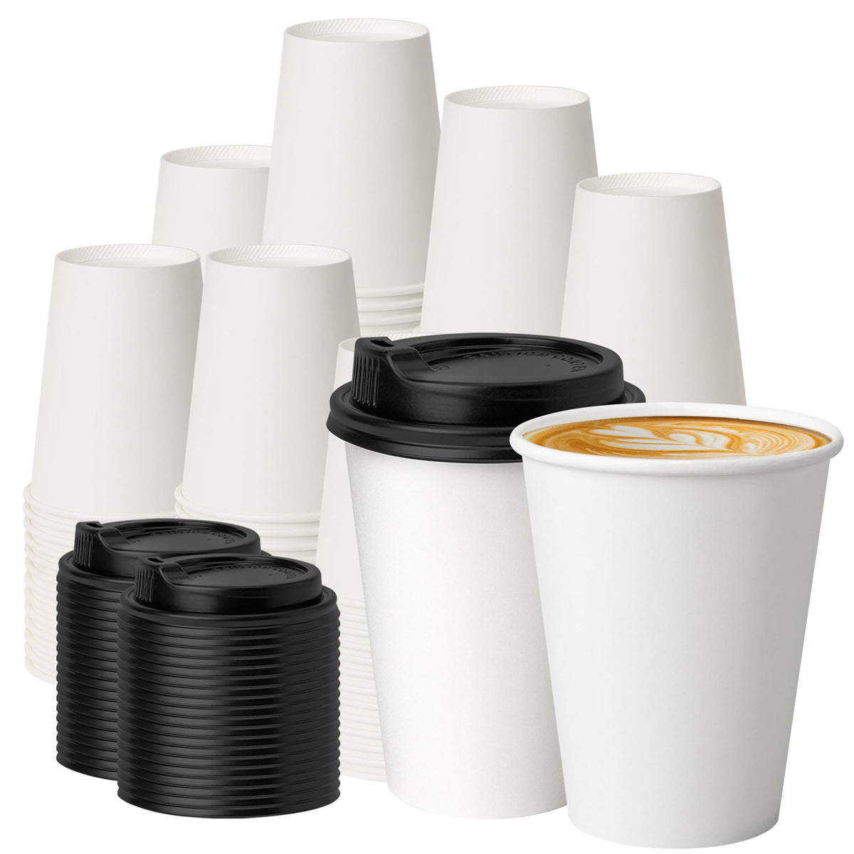 METAPRINT 100 Pack 12 oz Disposable Coffee Cups with Lids and Sleeves,White