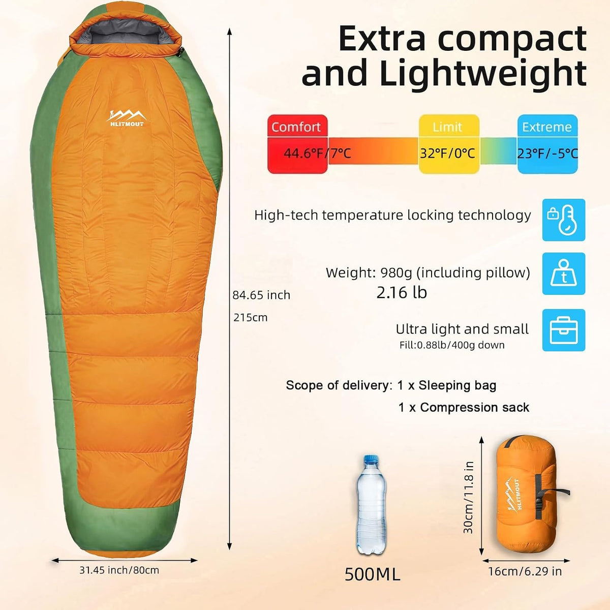 Down Sleeping Bag with Pillow for Adults and Teens