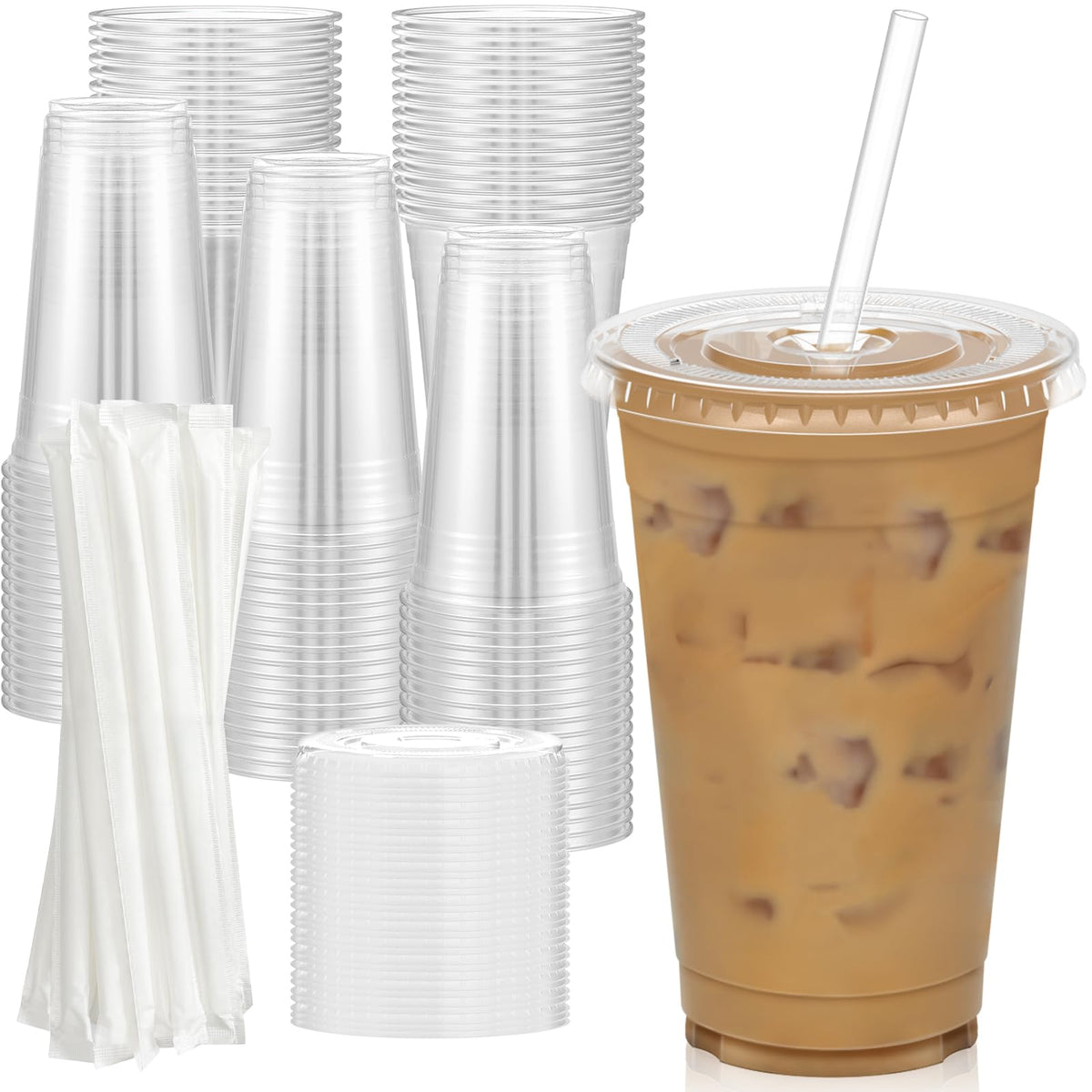 Dealusy 100 Pack - 16 oz Clear Plastic Cups with Lids and Straws