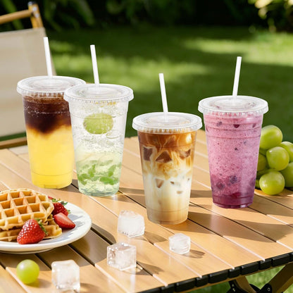 Clawsoff 100 Pack 20 oz Disposable Clear Plastic Cups with Lids and Straws