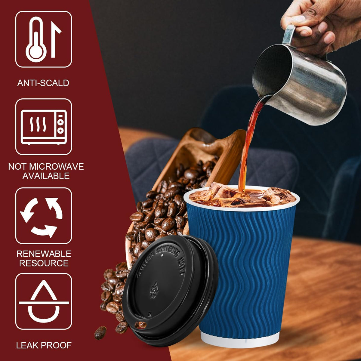 Lamosi Coffee Cups with Lids 12 oz 50 Pack, Disposable To Go Cups with Lid