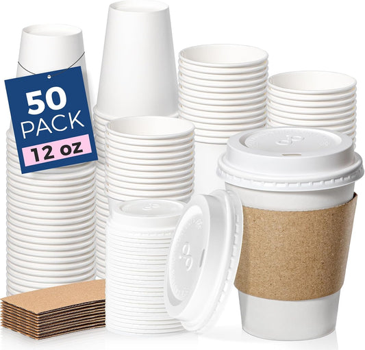 Fit Meal Prep 50 Pack 12 oz Disposable Coffee Cups with Lids, Sleeves, Leak-Proof To Go Coffee Cups with Lids, Durable Hot Paper Cups for Home, Office, Party, Business