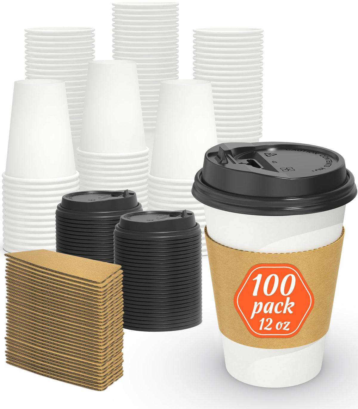 Dealusy 100 Pack 16 oz Disposable Coffee Cups with Lids and Sleeves