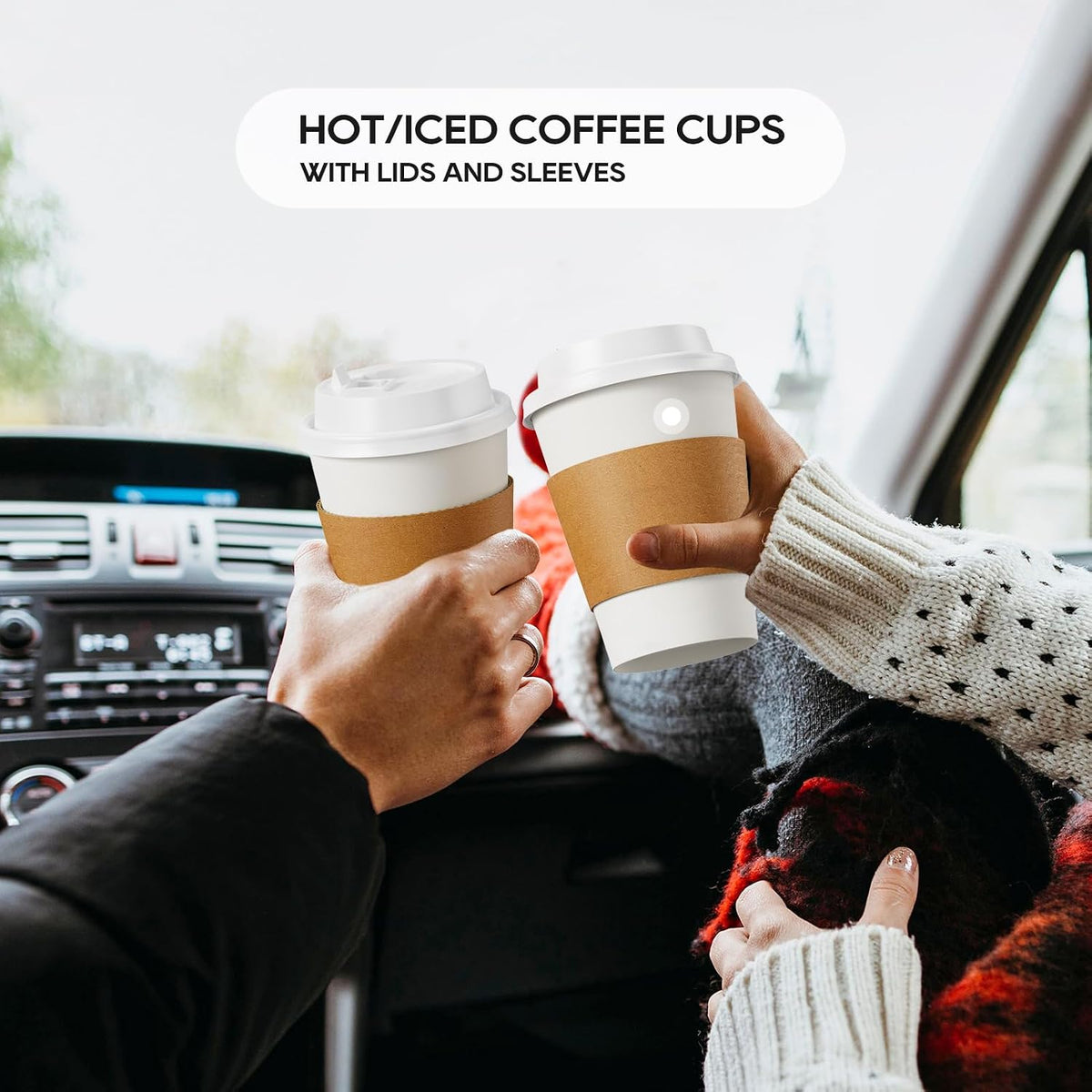 JOLLY PARTY 100 Pack 12 oz Disposable Paper Coffee Cups with Lids & Sleeves