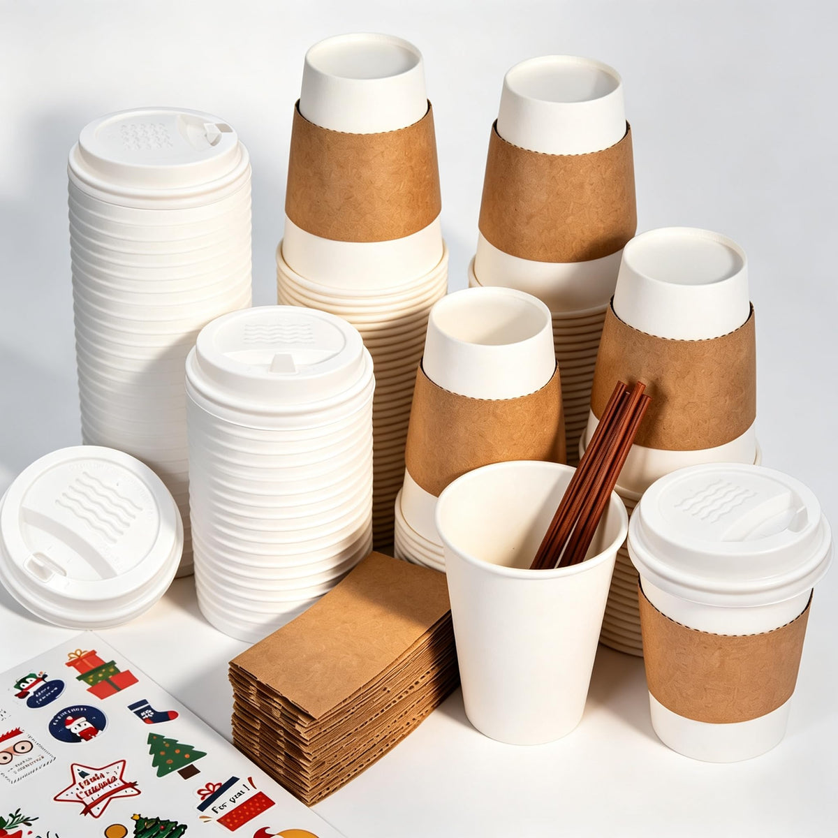 12 oz Disposable Coffee Cups with Lids, Sleeves and Stirrers 100 Pack, Hot Cups with Lids, Leak-Proof To Go Cups for Hot Chocolate, Cocoa, Office, Coffee Bar Accessories
