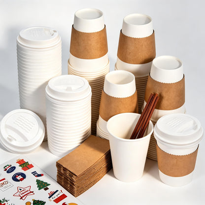 12 oz Disposable Coffee Cups with Lids, Sleeves and Stirrers 100 Pack, Hot Cups with Lids, Leak-Proof To Go Cups for Hot Chocolate, Cocoa, Office, Coffee Bar Accessories