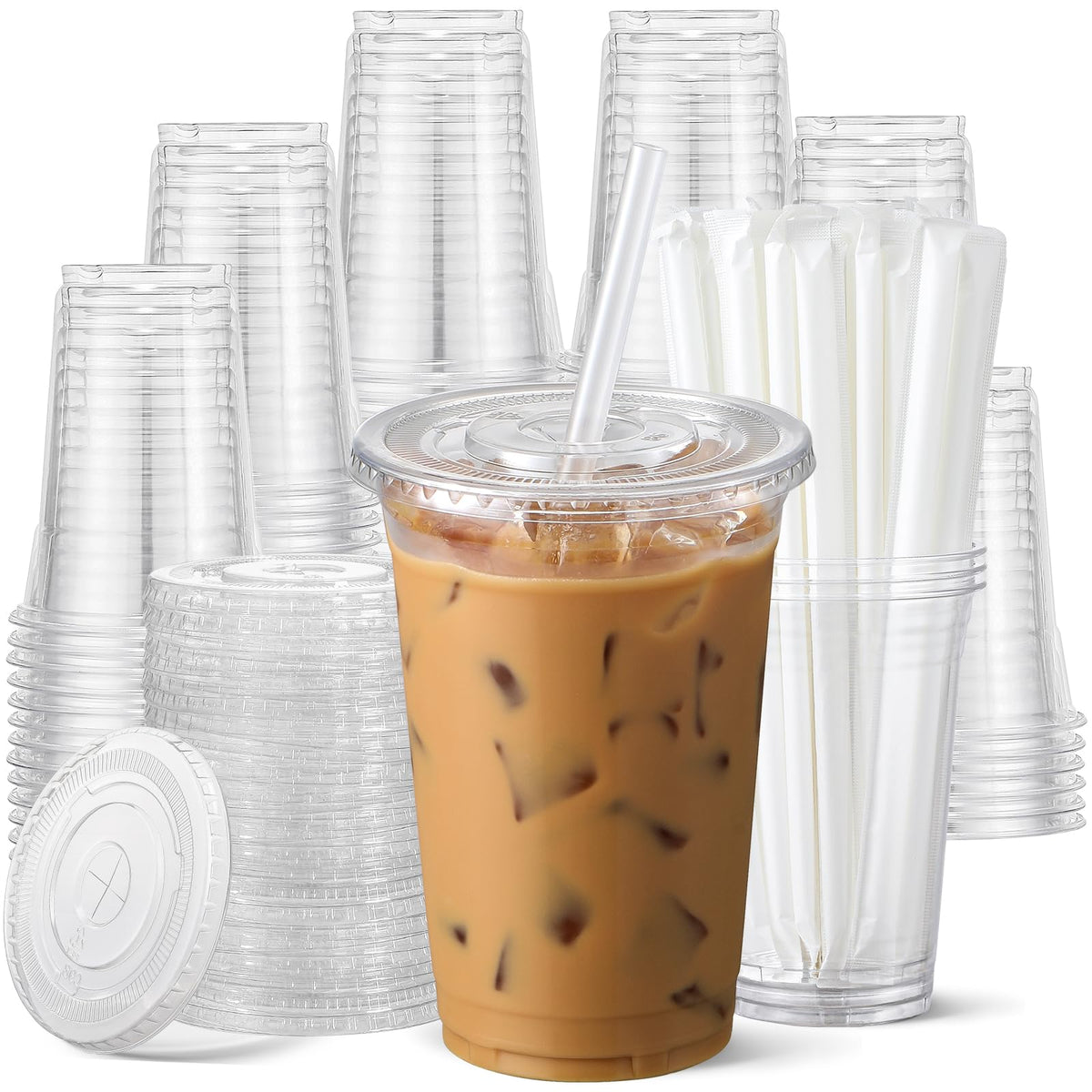 AOZITA 100 Pack - 16 oz Clear Plastic Cups with Lids and Straws, Food Safe Disposable Iced Coffee Cups for Cold Beverages, Smoothies, Iced Coffee, Leak-Proof, BPA-Free