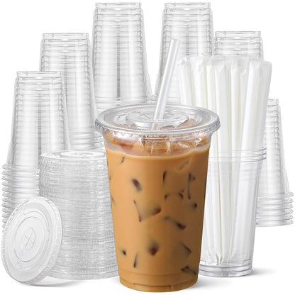 AOZITA 100 Pack - 16 oz Clear Plastic Cups with Lids and Straws, Food Safe Disposable Iced Coffee Cups for Cold Beverages, Smoothies, Iced Coffee, Leak-Proof, BPA-Free