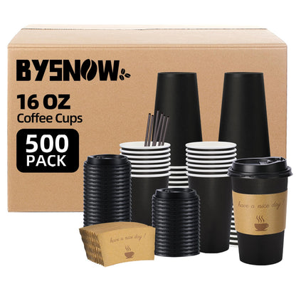 BYSNOW 100 pack 12 oz Disposable Coffee Cups with Lids Thickened Hot Cups