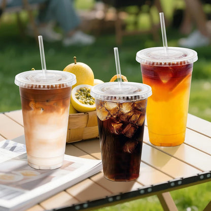 Clawsoff 100 Pack 20 oz Disposable Clear Plastic Cups with Lids and Straws