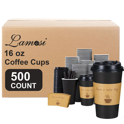Lamosi 16 oz Coffee Cups 50 Pack, Disposable To Go Paper Cups with Lid