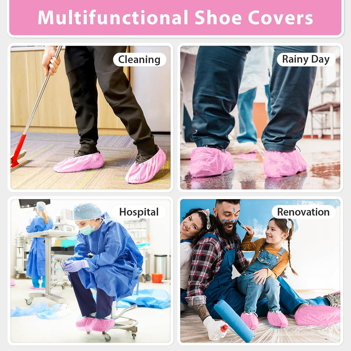 Sfee 100 Pack Shoe Covers-Disposable Shoe Covers for Indoors, Non Slip, Durable, Recyclable Non Woven Booties Shoes Cover for Workplace, Office, Home Floor Carpet Protection, One Size Fits All (Pink)