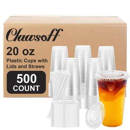 Clawsoff 100 Pack 20 oz Disposable Clear Plastic Cups with Lids and Straws
