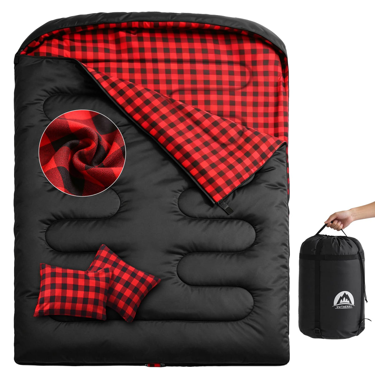 Swtmerry Double Sleeping Bag for Adults with 2 Pillows, Big&Tall XL Queen Size Sleeping Bag for 2 Person, Waterproof 2 Person Sleeping Bags for 3 Seasons,Cold Weather&Warm,Camping,Hiking & Backpacking