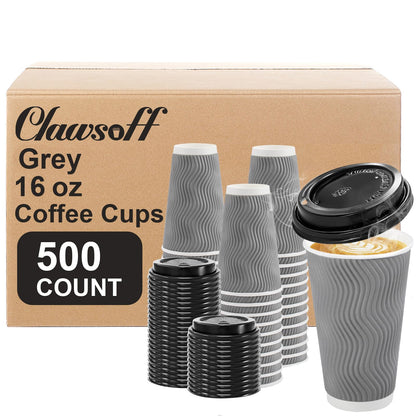Clawsoff 100 Pack 12 oz Coffee Cups with Lids Disposable Paper Cups Gray
