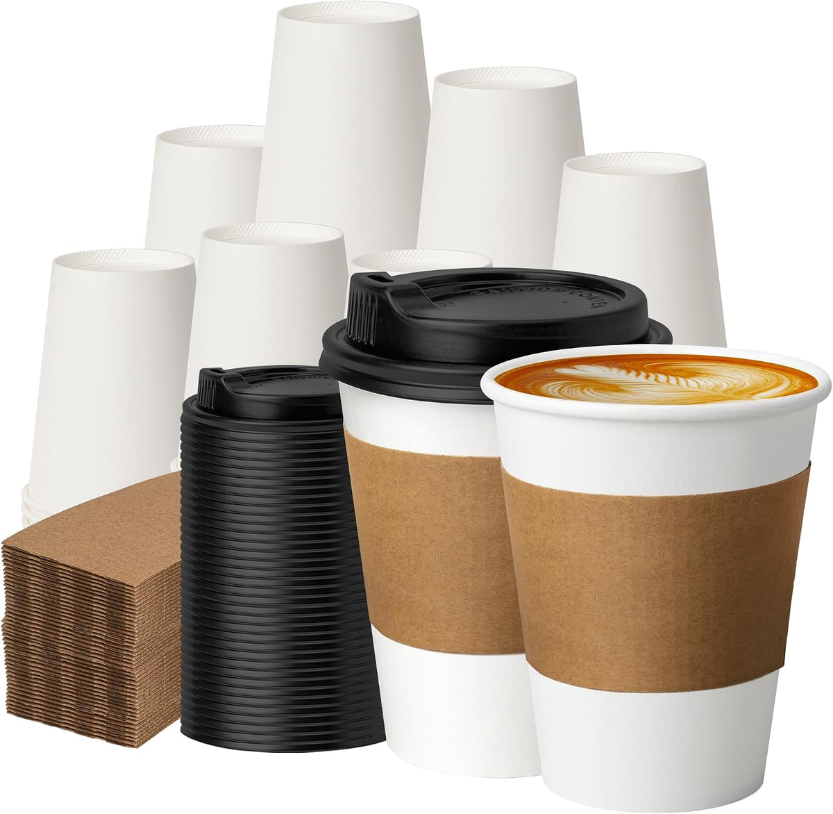 METAPRINT 100 Pack 12 oz Disposable Coffee Cups with Lids and Sleeves,White