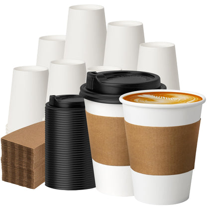 METAPRINT 100 Pack 12 oz Disposable Coffee Cups with Lids and Sleeves,White