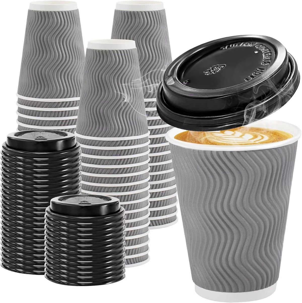 Clawsoff 100 Pack 12 oz Coffee Cups with Lids Disposable Paper Cups Gray
