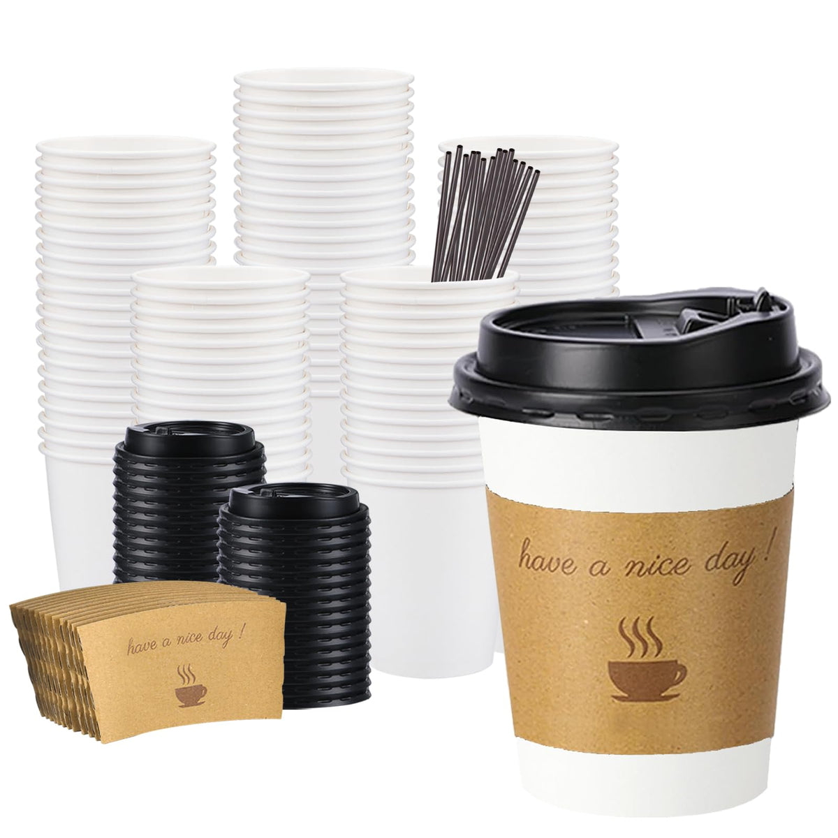 BYSNOW 100 pack 12 oz Disposable Coffee Cups with Lids Thickened Hot Cups