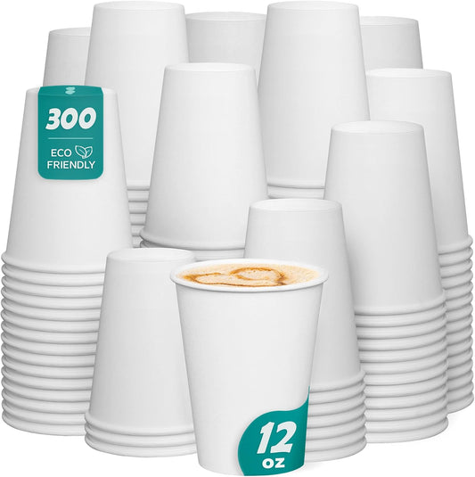 GUSTO 12 oz Disposable White Paper Cups [300 Count] Hot Coffee Cups