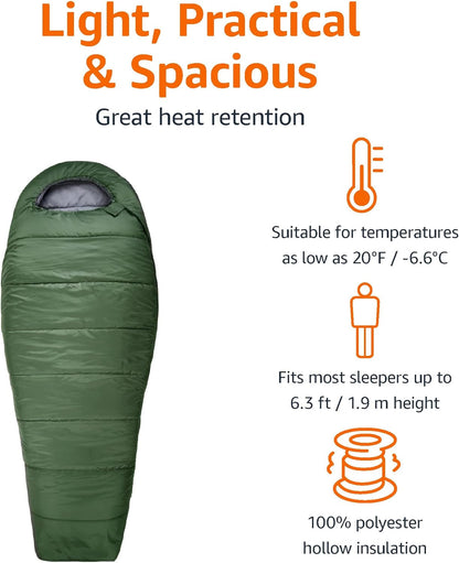 Amazon Basics 20°F Cold Weather Mummy Sleeping Bag for Hiking, Outdoor Camping with No-Snag Zipper, Portable, 82" x 33", Olive Green