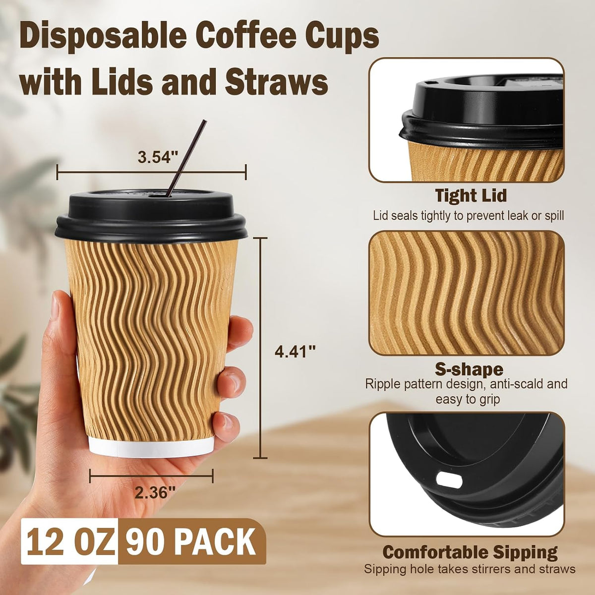 SIUQ 12 oz Coffee Cups-90 Pack Disposable Coffee Cups with Lids and Straws
