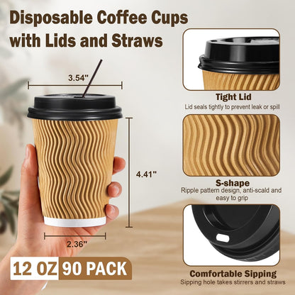 SIUQ 12 oz Coffee Cups-90 Pack Disposable Coffee Cups with Lids and Straws