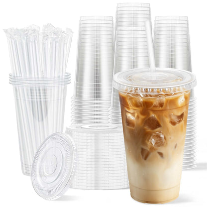 Clawsoff 100 Pack 20 oz Disposable Clear Plastic Cups with Lids and Straws