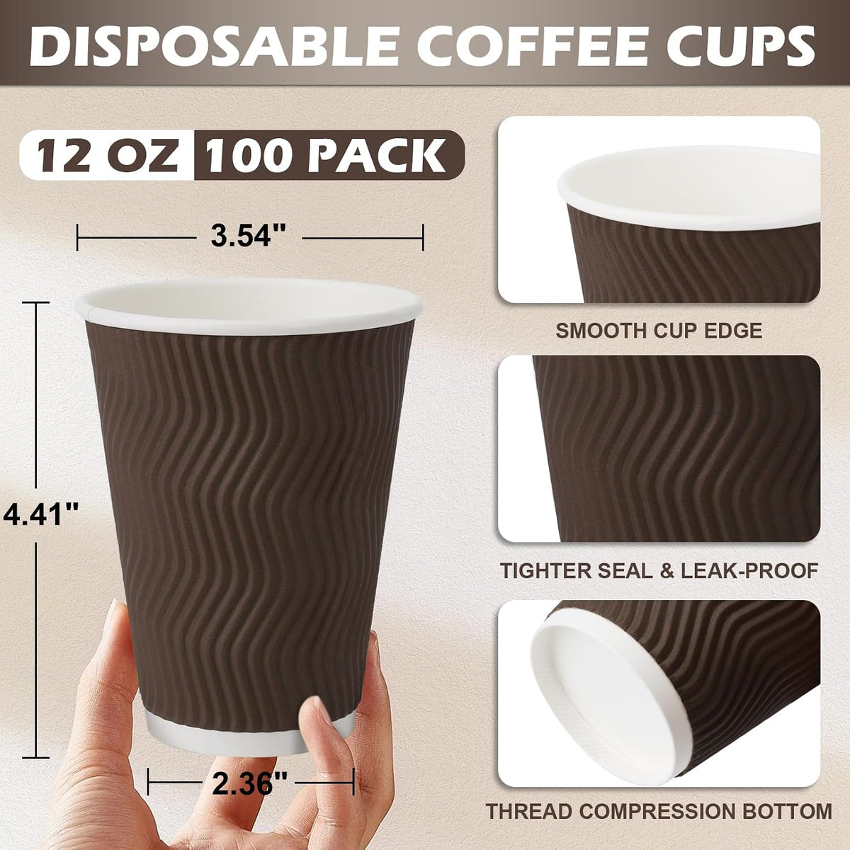 Clawsoff 100 Pack 12 oz Disposable Paper Coffee Cups Insulated Brown