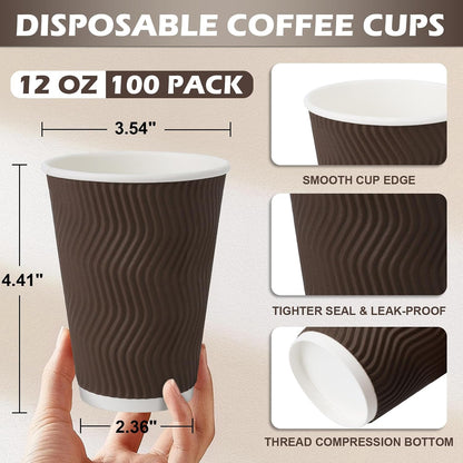 Clawsoff 100 Pack 12 oz Disposable Paper Coffee Cups Insulated Brown