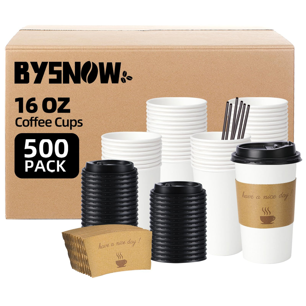 BYSNOW 100 pack 12 oz Disposable Coffee Cups with Lids Thickened Hot Cups
