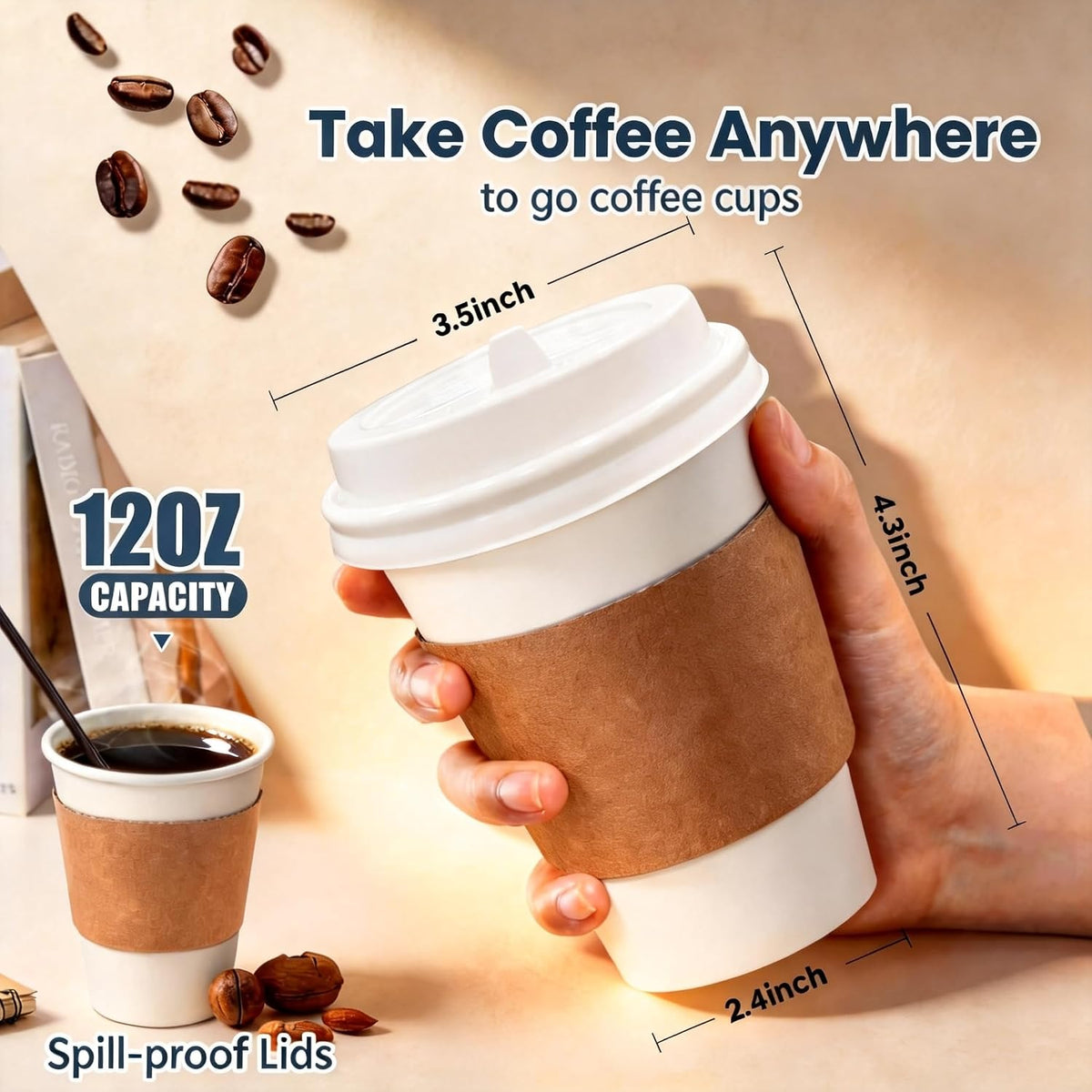 12 oz Disposable Coffee Cups with Lids, Sleeves and Stirrers 100 Pack, Hot Cups with Lids, Leak-Proof To Go Cups for Hot Chocolate, Cocoa, Office, Coffee Bar Accessories