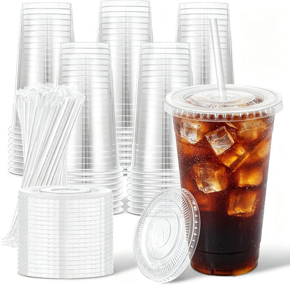 Clawsoff 100 Pack 20 oz Disposable Clear Plastic Cups with Lids and Straws