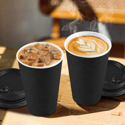 Clawsoff 100 Pack 16 oz Disposable Paper Coffee Cups with Lids(Black)