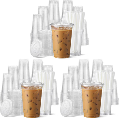 AOZITA 100 Pack - 16 oz Clear Plastic Cups with Lids and Straws, Food Safe Disposable Iced Coffee Cups for Cold Beverages, Smoothies, Iced Coffee, Leak-Proof, BPA-Free