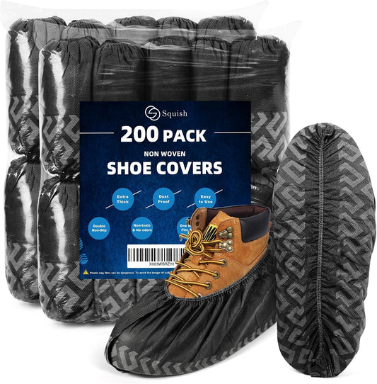 squish 200 Pack Shoe Covers Disposable Non-Slip, Black Non-Woven Fabric Boot Covers for Indoors Breathable Slip Resistant Durable Boot&Shoes Cover, Protector Covers Fits Virtually Most Shoes