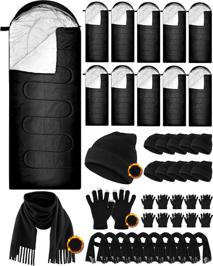 Tranqun 40 Pcs Sleeping Bags for Adult Bulk with Winter Beanie Hat Touch Screen Gloves Scarves, Waterproof Cotton Liner Cold Weather Sleeping Bag for Homeless Camping Indoor Outdoor