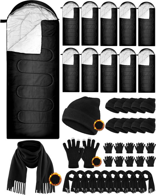 Tranqun 40 Pcs Sleeping Bags for Adult Bulk with Winter Beanie Hat Touch Screen Gloves Scarves, Waterproof Cotton Liner Cold Weather Sleeping Bag for Homeless Camping Indoor Outdoor