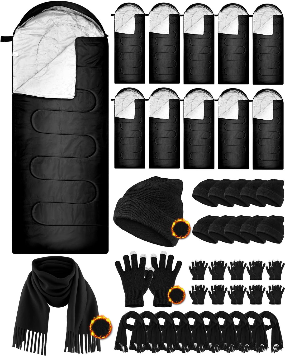 Tranqun 40 Pcs Sleeping Bags for Adult Bulk with Winter Beanie Hat Touch Screen Gloves Scarves, Waterproof Cotton Liner Cold Weather Sleeping Bag for Homeless Camping Indoor Outdoor