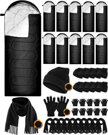 Tranqun 40 Pcs Sleeping Bags for Adult Bulk with Winter Beanie Hat Touch Screen Gloves Scarves, Waterproof Cotton Liner Cold Weather Sleeping Bag for Homeless Camping Indoor Outdoor