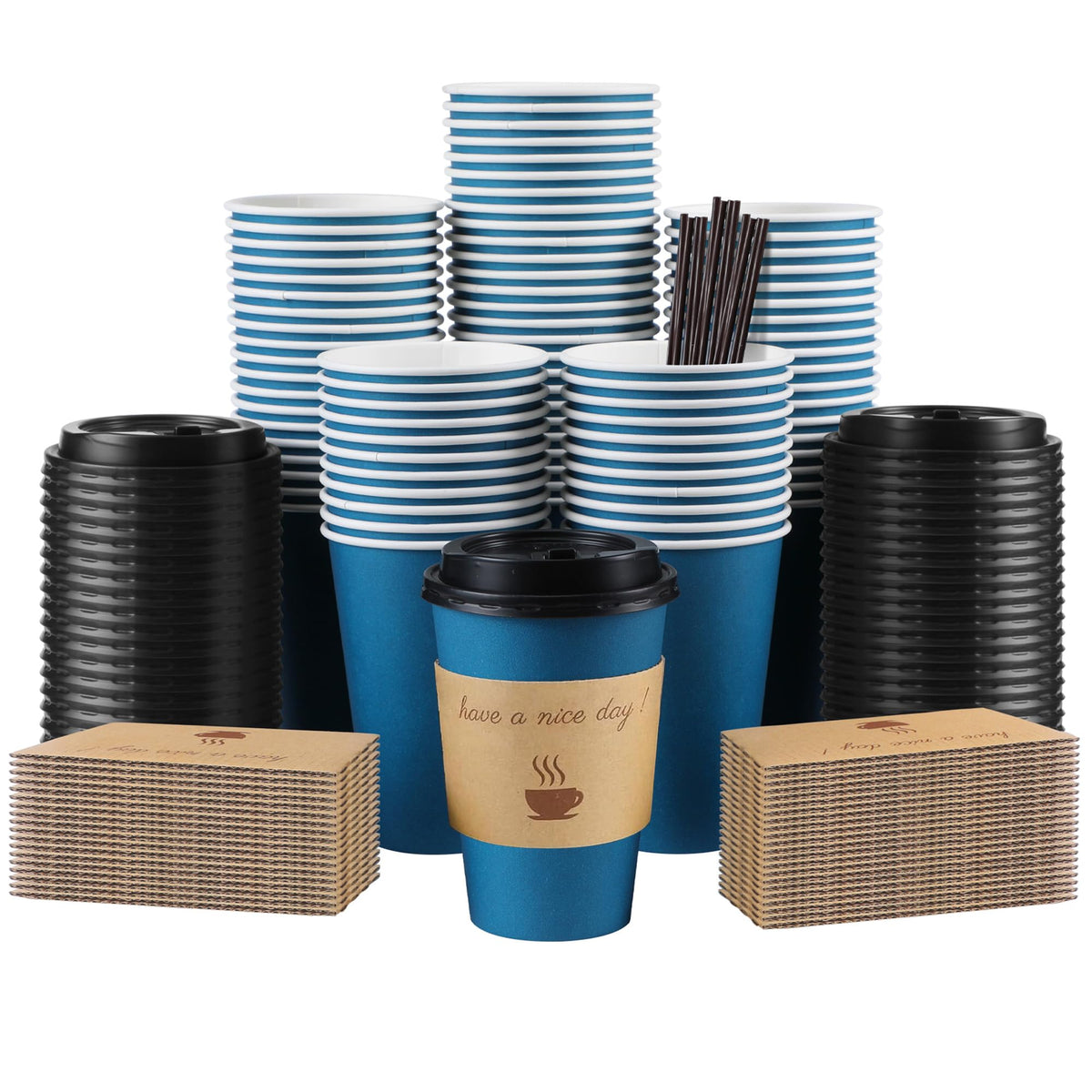 Clawsoff 100 Pack 16 oz Disposable Paper Coffee Cups with Lids(Black)