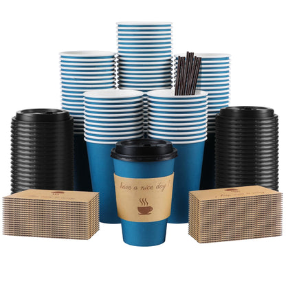 Clawsoff 100 Pack 16 oz Disposable Paper Coffee Cups with Lids(Black)